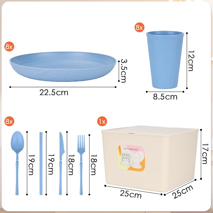 49pcs Dinnerware Sets for 8 People, Unbreakable Plates Sets, Reusable Storage Box, Travel Camping Picnic Home Party Cutlery Set, Dishwasher Microwave Safe Dishes
