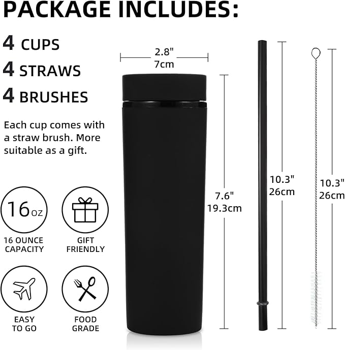 Volhoply 16oz Plastic Skinny Tumbler With Lid and Straw Bulk 4 Pack,Insulated Double Wall BPA Free Matte Acrylic Tumblers,Iced Coffee Travel Reusable Party Cup,Customizable Diy Gifts(Assorted,4 Set)