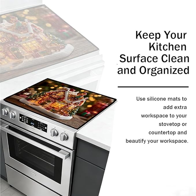Stove Top Cover for Electric Stove 28.4 x 20.5 Inch Non Slip Stove Mat Oil Proof Christmas Village House Glass Cooktop Protector Kitchen Counter Mat