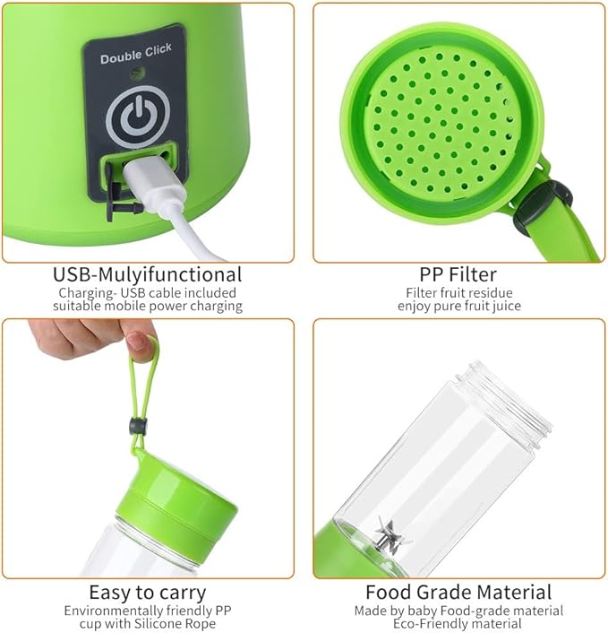 Portable Blender Smoothies Personal Blender Mini Shakes Juicer 380 ml Cup USB Rechargeable Cordless Shaker Bottle (Blue), 8x3 (Q2-6888)