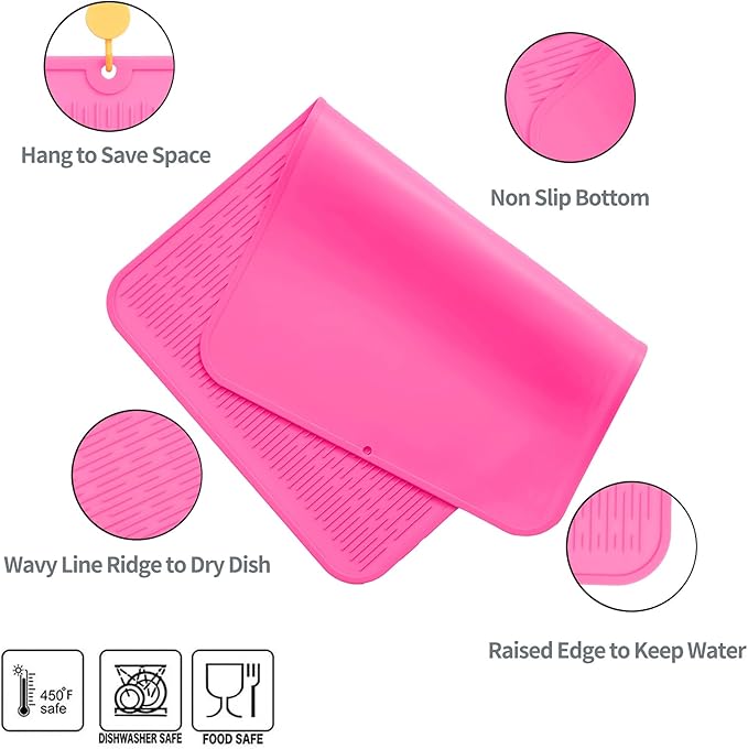 MicoYang Silicone Dish Drying Mat for Multiple Usage,Easy clean,Eco-friendly,Heat-resistant Silicone Mat for Kitchen Counter or Sink,Refrigerator or Drawer Liner Rose 3XL 28 inches x 18 inches
