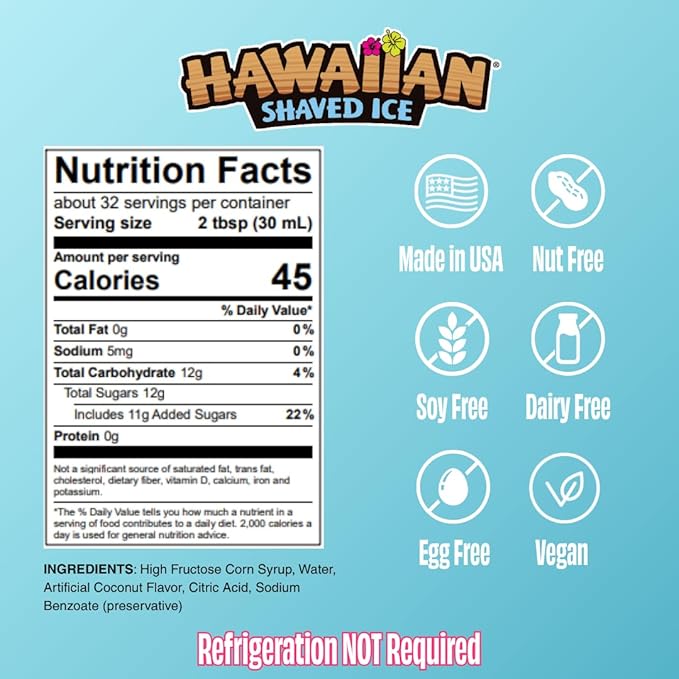 Hawaiian Shaved Ice Coconut Syrup - Nut Soy Dairy Free - Flavor Fluffy & Crunchy Snow Cones - Shelf Stable - Makes 8 Servings - 16 ounces