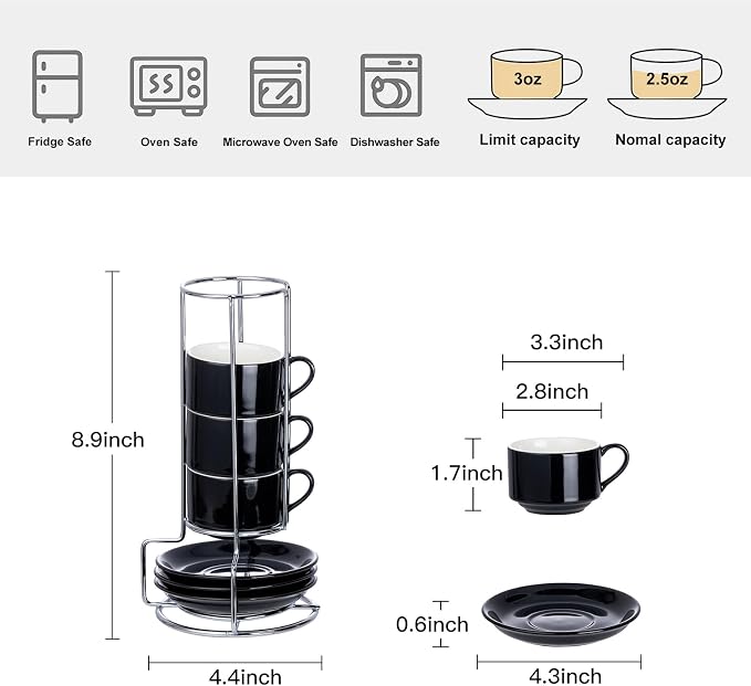 2.5oz Espresso Cups Set of 4, Small Stackable Coffee Cups with Saucers and Metal Stand, Ceramic Demitasse Cups, Cappuccino Cups for Coffee Drinks, Latte, Black