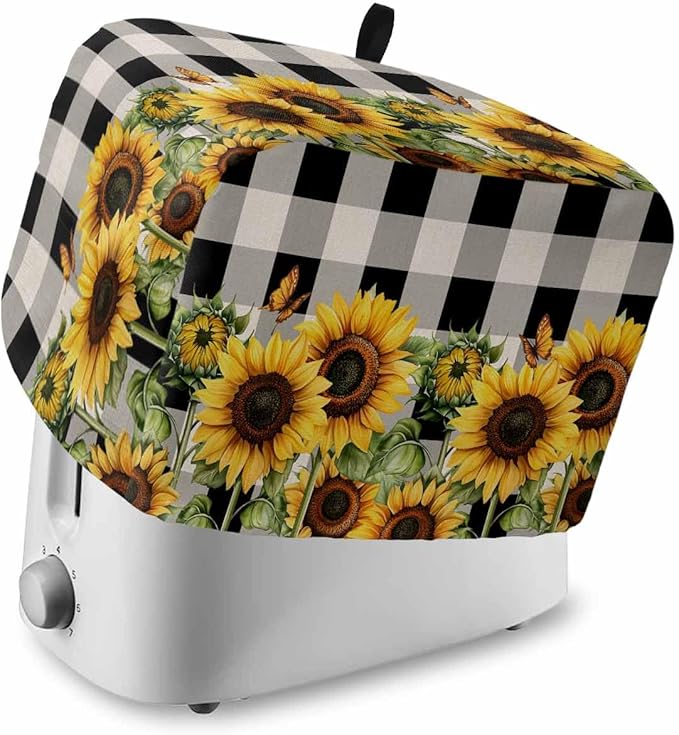 Sunflower Checkered Toaster Cover 2 Slice, Black Buffalo Plaid Dustproof Bakeware Oven Protector with Top Hook, Pastoral Flowers Waterproof Small Kitchen Appliance Toasters Dust Cover, 11"x6"x8"