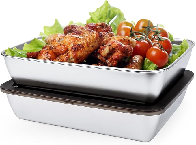 2 PCS Stainless Steel Food Storage Containers with lids,2.16 Inch Deep, 8x10 Inch Stainless Steel Oven plate, Metal Roasting Pan for Meal Prep、Meat, Rustproof & Heavy, Freezer & Dishwasher Safe