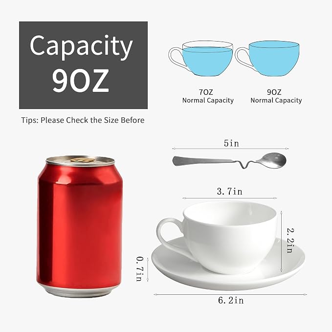 Bone China Tea Cups and Saucers Set (6 oz, Set of 4) – White Luxury Fine Porcelain Mugs for Tea, Coffee, Latte Art, Barista Use, Elegant Gifting