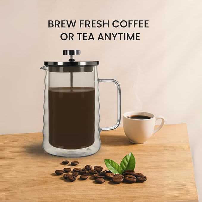 Large Wavy Glass French Press Coffee Maker 34oz – Double-Wall Borosilicate Coffee Press with Stainless Steel Filter – Manual Coffee Brewer & Tea Press – 1 Litre Glass French Press