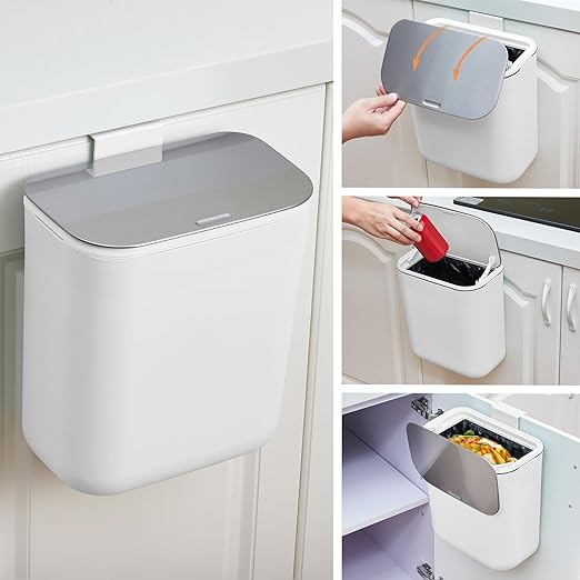 Hanging Kitchen Trash Can with Lid - 2.4 Gallon Small Compost Bin for Cabinet Door, Under Sink - Odor-Sealing Stainless Steel Top Food Waste Bin for RV, Bathroom, Office - Indoor Recycling Bin