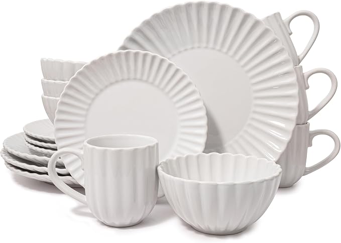 16 Piece Dinnerware Set Aruba (White Sand Dollar) Plates, Bowls, and Mugs Set for 4