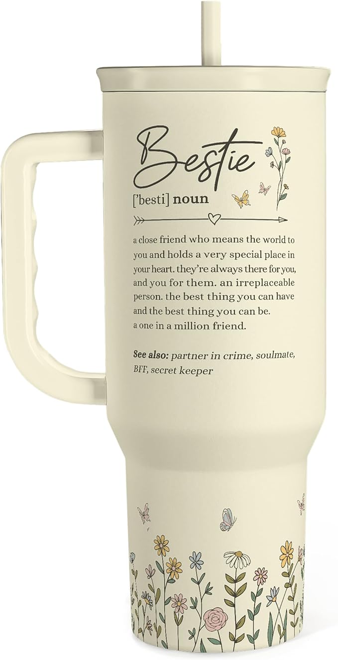 Best Friend Tumbler with Handle 40oz, Bestie Cups for Women Stainless Steel Coffee Travel Tumblers with Straw, Bestie Gifts for Female Friends BFF, Friendship Gift for Birthday Christmas Valentines