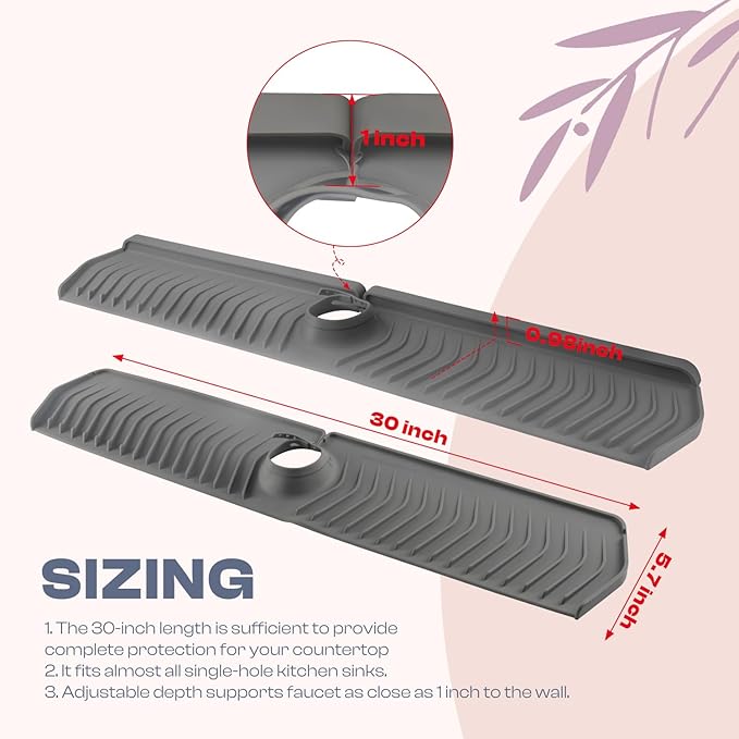 ElmRidge Upgraded 30 inch Farm Sink Splash Guard with Faucet Handle Drip Catcher Tray-Large Size Silicone Sink Faucet Mat for Extra Long and Thick Design Faucet Splash Guard for Kitchen Sink Gray