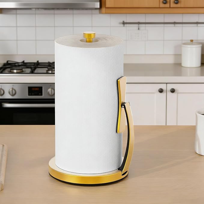 VEHHE Paper Towel Holder Countertop, Paper Towel Holder with Spring Activated Arm and Damping Effect, Simply Tear Paper Towel Stand for Bathroom and Kitchen (Gold)