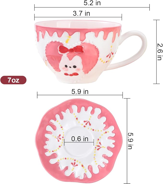 Adorable Bunny-Themed Pink Ceramic Cup & Saucer Set，7oz hand-painted ceramic Perfect for fairy tea parties, birthday gifts, parties, Christmas, and New Year. (Pink)