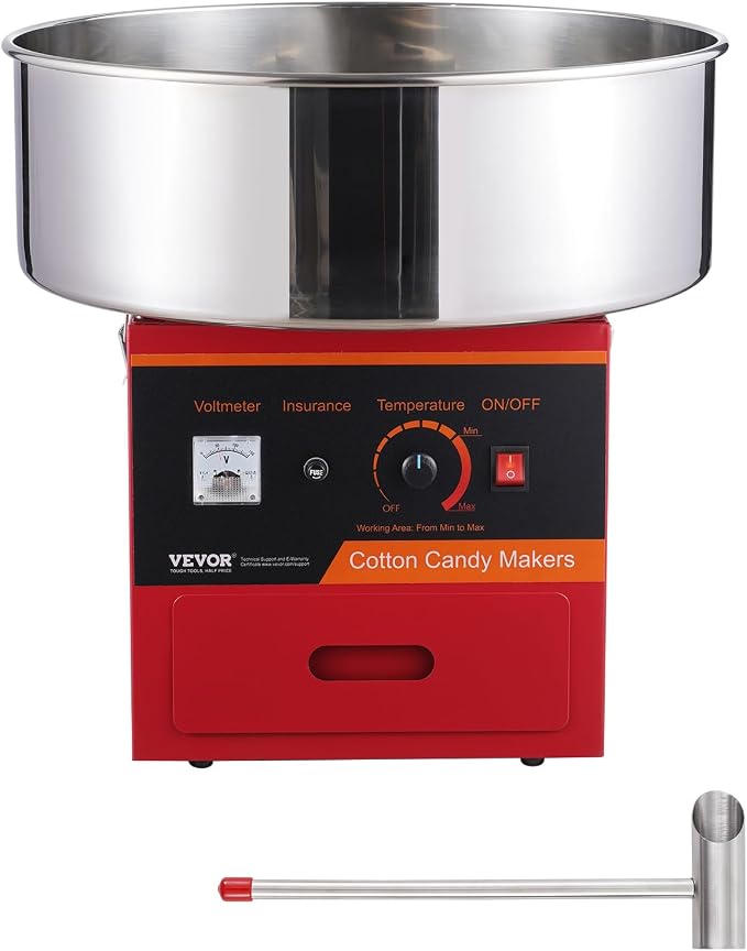 VEVOR Electric Cotton Candy Machine, 1000W Candy Floss Maker, Commercial Cotton Candy Machine with Stainless Steel Bowl, Sugar Scoop, and Drawer, Perfect for Home Kids Birthday, Family Party, Red