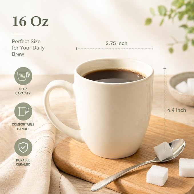 AmorArc 16oz Coffee Mugs Set of 6, Large Ceramic Coffee Mugs for Man, Woman, Dad, Mom, Modern Coffee Mugs with Handle for Tea/Latte/Cappuccino/Cocoa. Dishwasher&Microwave Safe, Light Beige