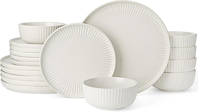 Famiware Starlight 18-Piece Plates and Bowls Sets for 6, Stoneware Dinnerware with Ribbed Textured, Handcrafted Reactive Glaze Dishes - Dishwasher & Microwave Safe, Chip/Scratch Resistant, Matte White