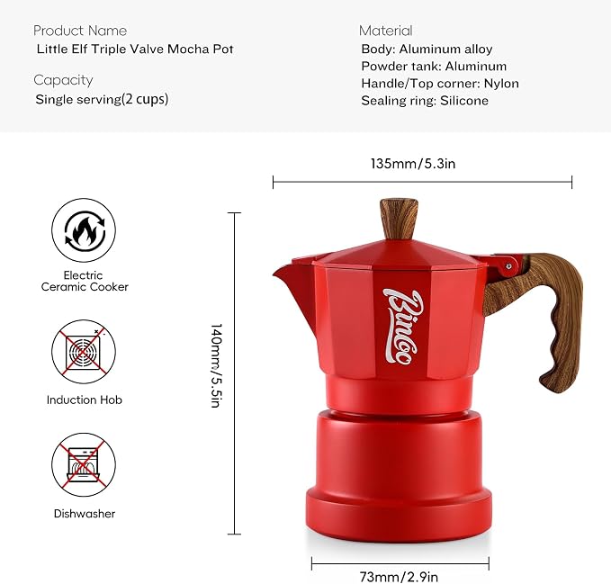 Bincoo Three-valve Espresso Maker Stovetop,2 Cups Camping Moka Pot Espresso Italian Coffee Maker,Rich Crema,Easy to Use (Red)