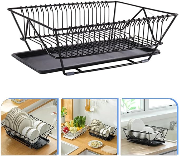 Ipetboom Dish Drying Rack with Utensils Basket and Drainboard, Black Metal Kitchen Dish Drainer Holder for Countertop Storage Over Sink Use
