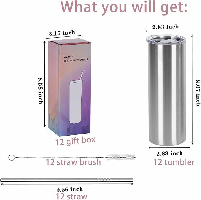 12 Pack 20 Oz Straight Skinny Tumblers,Individually Gift Boxed Stainless Steel Slim Skinny Tumbler Set Bulk, 20 Oz Insulated Slim Thin Travel Tumbler Cup for Diy, Silver