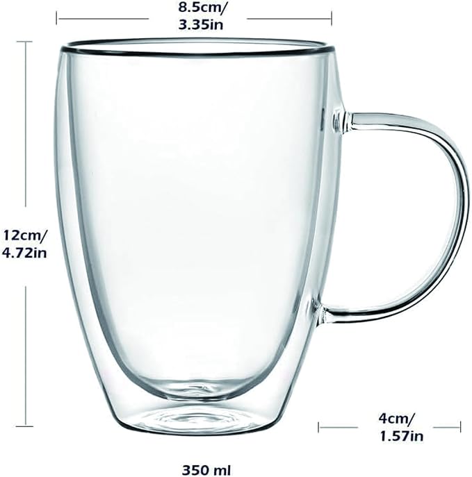 Espresso Cups Set Of 2, Double Walled Glass Coffee Mugs with Handle,Insulated Layer Coffee Cups,Clear Borosilicate Glass Mugs,Perfect for Cappuccino,Tea,Latte,Espresso (12oz-2Pack)
