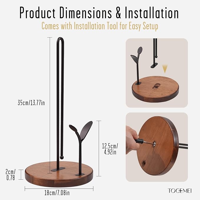 Wooden Paper Towel Holder Countertop,Round Base with Dual Iron Rods in Antique Brown Finish, Leaf-Shaped Accent, Stable & Durable, Non Slip Pads, Elegant Kitchen/Dining Décor