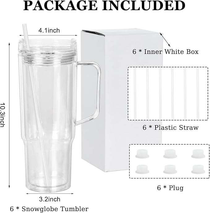 CHLJAR 40 Oz Acrylic Snow Globe Tumbler with Handle, 6 Pack Pre-Drilled Double Wall Plastic Clear For Glitter Snow Globe Diy, Double Wall For Glitter snow globe, Snowglobe Tumbler Supplies