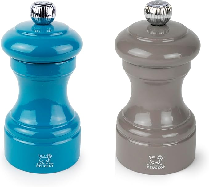 Peugeot Bistro Pepper and Salt Mill Set, 4in - French Design with Adjustable Grinding Precision, Beechwood & Stainless Steel, Enhance Flavors - Durable Cooking Tools (Blue/Grey)
