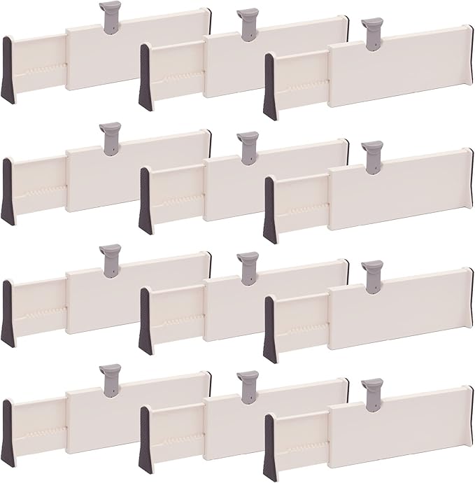 DIOMMELL 12 Pack Adjustable Dresser Drawer Dividers Organizers, Plastic Expandable Drawer Organization Separators for Kitchen, Bedroom, Closet, Bathroom and Office Drawers White 12PCS-Large