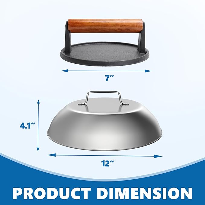 SafBbcue Round Cast Iron Smash Burger Grill Weight Press Tool & Griddle Steamer Melting Dome 12" Round Stainless Steel Basting Cover for Blackstone Griddle, Griddle Food Cover Dome for Flat Top Grills