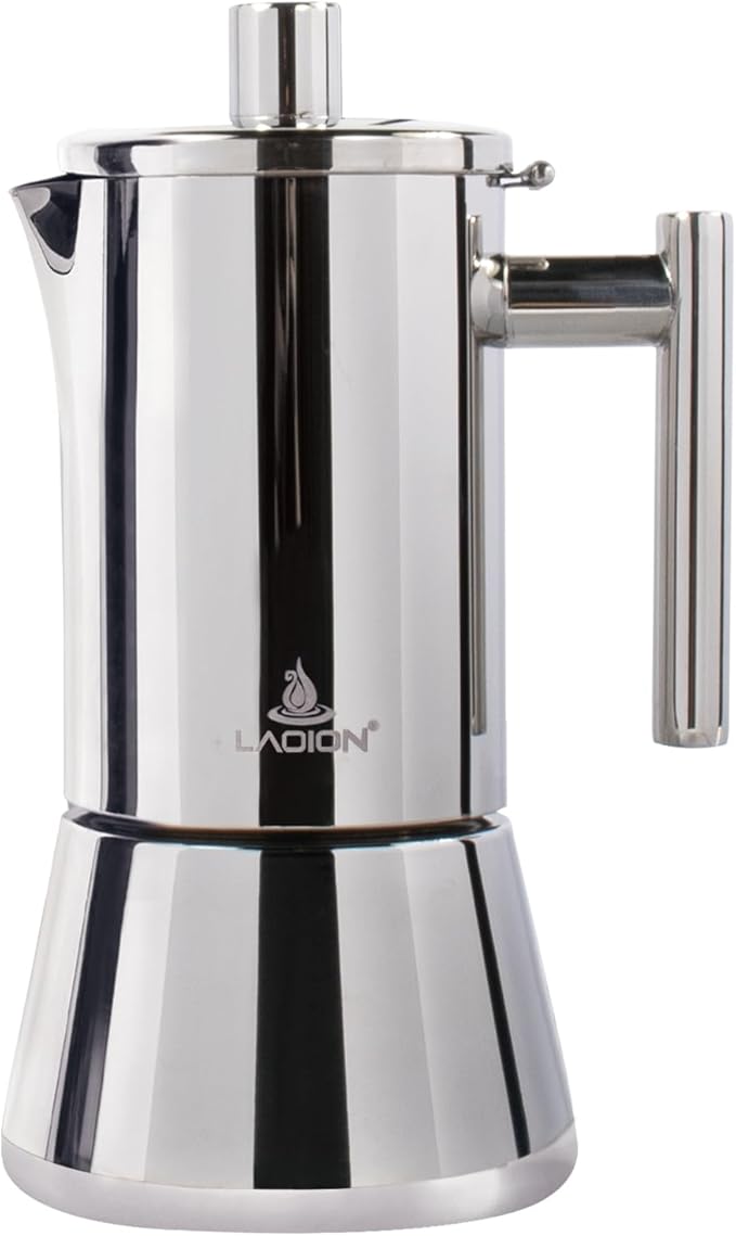 LAOION Stovetop Espresso Maker, 6Cup 10 oz Moka Pot, Stainless Steel Cuban and Italian Coffee Maker for Cafetera Cubana, Greca De Cafe Induction Stovetop Compatible, Coffee Gift for Home Travel