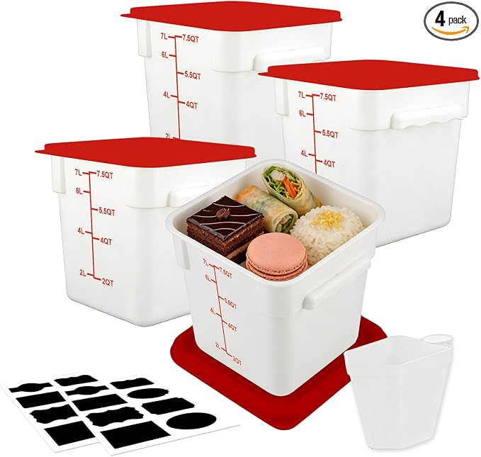 Square Food Containers with Lids 4-Pack, Commercial Grade Plastic Bins for Restaurant Kitchen Pantry Storage, Freezer & Dishwasher Safe (Red, 8QT-4PACK)