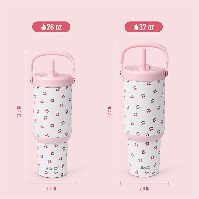 Ello Oasis Go+ 26oz Tumbler with Top Handle and Retracting Straw | Reusable Insulated Stainless Steel Cup, 100% Leakproof Water Bottle, 24 Hours Cold, Cup Holder Friendly For Travel | Cherries Jubilee