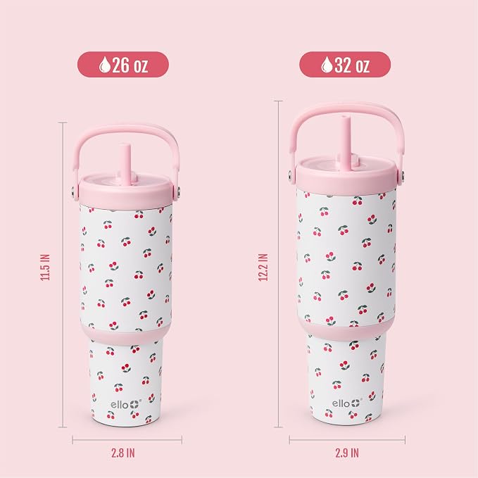 Ello Oasis Go+ 32oz Tumbler with Top Handle and Retracting Straw | Reusable Insulated Stainless Steel Cup, 100% Leakproof Water Bottle, 24 Hours Cold, Cup Holder Friendly For Travel | Cherry Jubilee