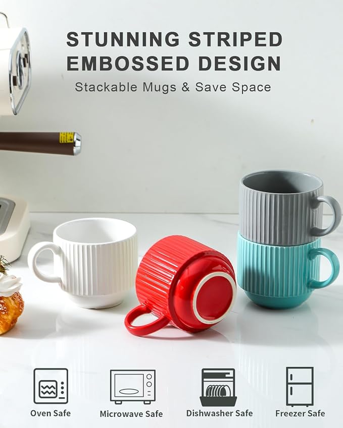 Hasense Ceramic Coffee Mug Set of 4 with Rack - 15 oz Stacking Ribbed Latte Cups Set for Cappuccino, Tea, Hot Cocoa, Drinks - Wedding & Housewarming Gifts Assorted Colors