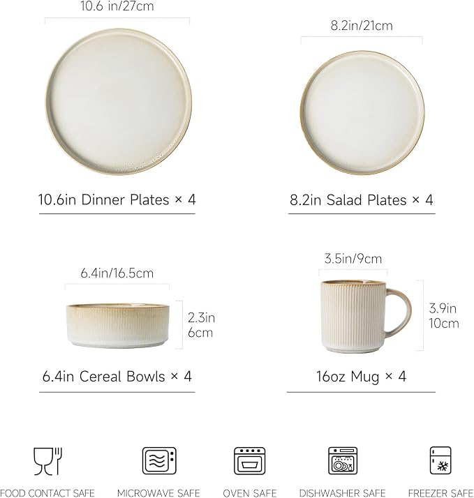 MONITO Ceramic Dinnerware 16 Pieces Dinner Set，10.6in Stoneware Plates and Bowls Sets, Highly Chip and Crack Resistant | Dishwasher & Microwave Dishes set,Gift, Bonbon Beige