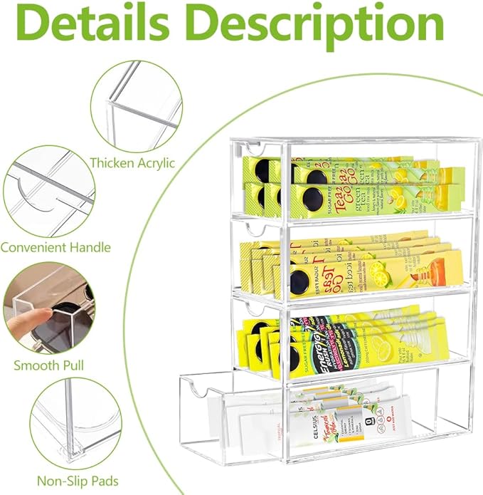 Drink Packet Organizer, Acrylic Drink Mix Holder with 4 Clear Drawers Water Flavor Packets Container for Kitchen Pantry Home Organization (1 Pack)