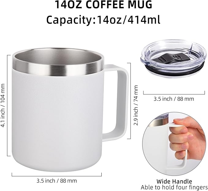 Volhoply 14oz Insulated Stainless Steel Coffee Mug with Lid Bulk 2 Pack,Double Wall Vacuum Travel Coffee Cup with Handle,Reusable Metal Cups Tumbler,Camping Mugs Keep Hot,Ideal Gifts(White,2)