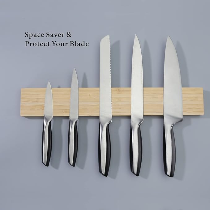 KITCHENDAO Bamboo Magnetic Knife Holder for Wall 17 inch Knife Magnetic Strip Bar Rack- 50% Stronger Magnet - Safe, Secure & Easy Storage Solution for Kitchen Knives, Metal Utensils & More