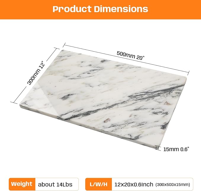 White Marble Cutting Board, 12x20 Inch Marble Pastry Board With Non-Slip Feet For Cheese, Charcuterie, Dough, Chocolate, Dessert, Pack Of 1 Piece