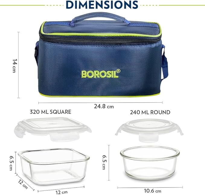 Borosil Blue Universal Glass Lunchbox 320 ml x 2 (+) 240 ml x 2