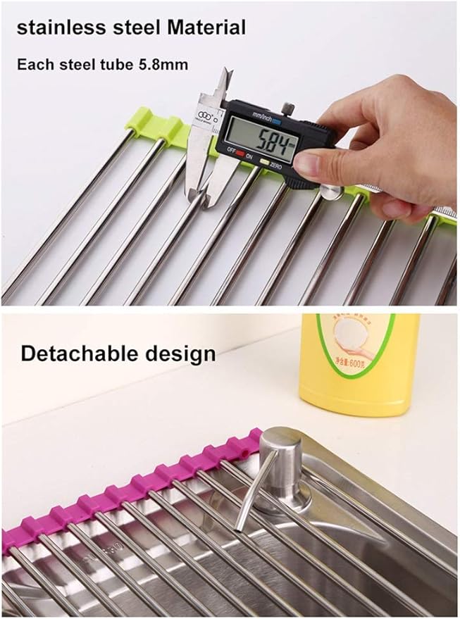 Roll Up Dish Drying Rack, Over The Sink Kitchen Rolling Sink Rack Multipurpose Dry Dish Drainer Rack，Stainless Steel Foldable Dish Drying Rack，for Sink Counter(Yellow,47 * 23cm)