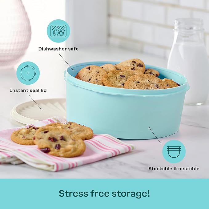 Tupperware Heritage Collection 7.6 Cup Cookie Canister, Vintage Blue Color, Dishwasher Safe and BPA Free Container (1.8 L)