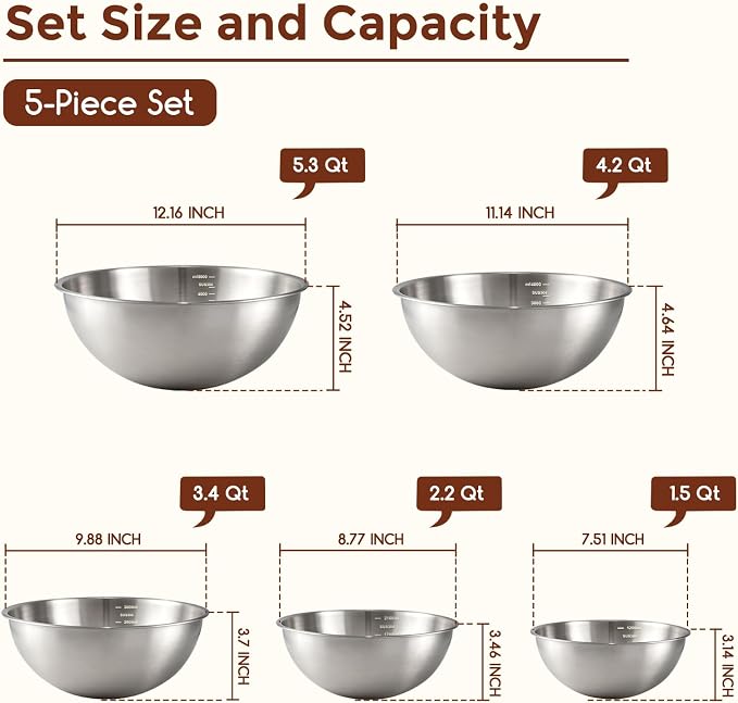 Gronivex 304 Stainless Steel Mixing Bowls, 5-Piece (1.5-5.3 Qt) | Food-Grade Metal, Dishwasher safe，Stackable Nesting & Space-Saving – Ultimate for Large Family Baking or Party Cooking