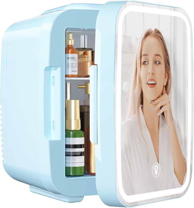 OSTBA Skincare Fridge Mini Fridge for Bedroom with Dimmable LED Mirror, 4Liter/6 Cans Cooler and Warmer for Makeup, Cosmetic, Beauty, Portable Refrigerator for Bedroom, Vanity, Office and Car