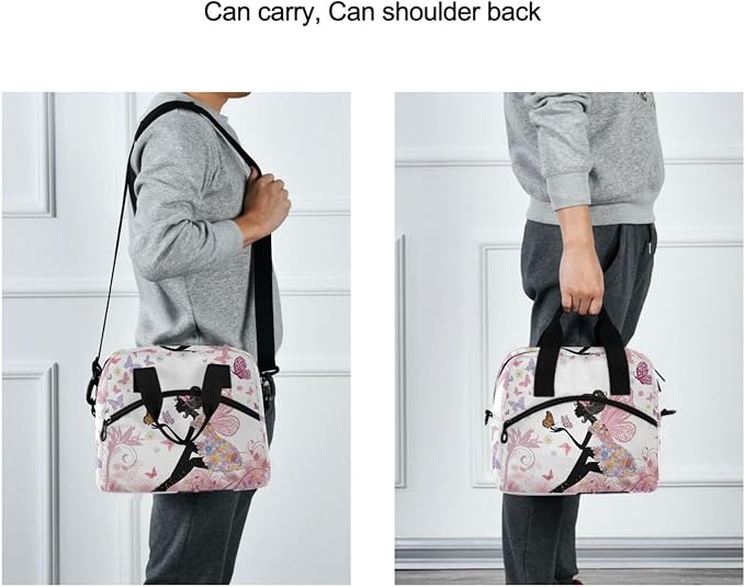 OREZI Lunch Bag for Girls Women,Flower Fairy Pink Butterflies Lunch Box Container with Detachable Shoulder Strap,Insulated Lunch Coolers for School Office