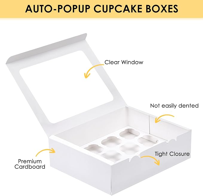 Moretoes 7 Pack Auto-popup Cupcake Boxes,12 Cupcake Containers, Bakery Carrier Boxes with Windows and Inserts for Grad Party Dessert Packaging (White)