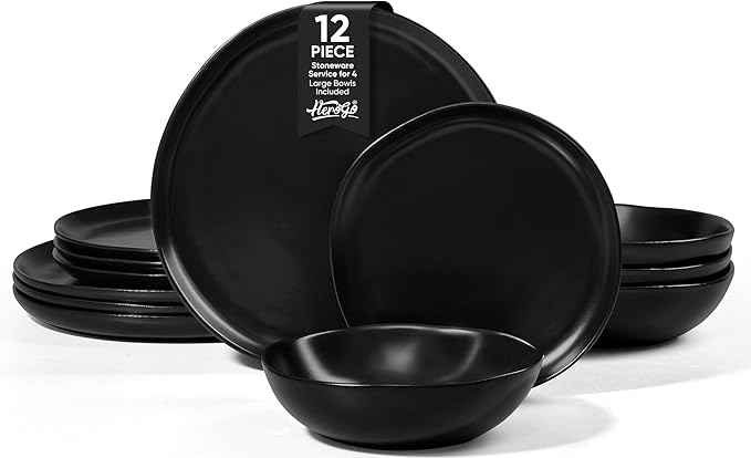Herogo 12Pcs Plates and Bowls Set for 4, Irregular Handmade Stoneware Dinnerware, Crack and Scratch Resistant, Microwave & Dishwasher Safe, Reactive Glaze, Artistic Rustic Tableware, Matte Black