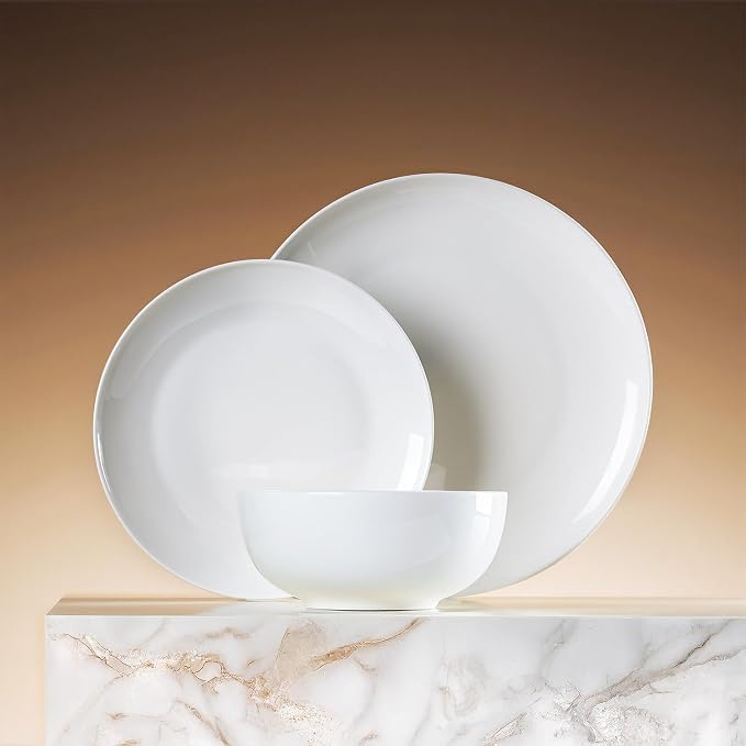 KINGSTONE 18-Piece Bone China Dinnerware Set for 6, Lightweight Porcelain Round Plates and Bowls Set, Durable Scratch Resistant Ceramic Dinner Set, Microwave & Dishwasher Safe, Ivory White