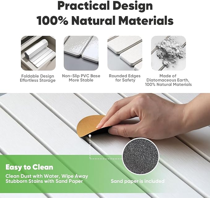 Stone Drying Mat for Kitchen Counter, Quick Diatomaceous Earth Mats for Dishes, 23.6"L x 15.7" W Super Absorbent Fast-Drying Collapsible Countertop Stone Mat (White, 24" x 16")