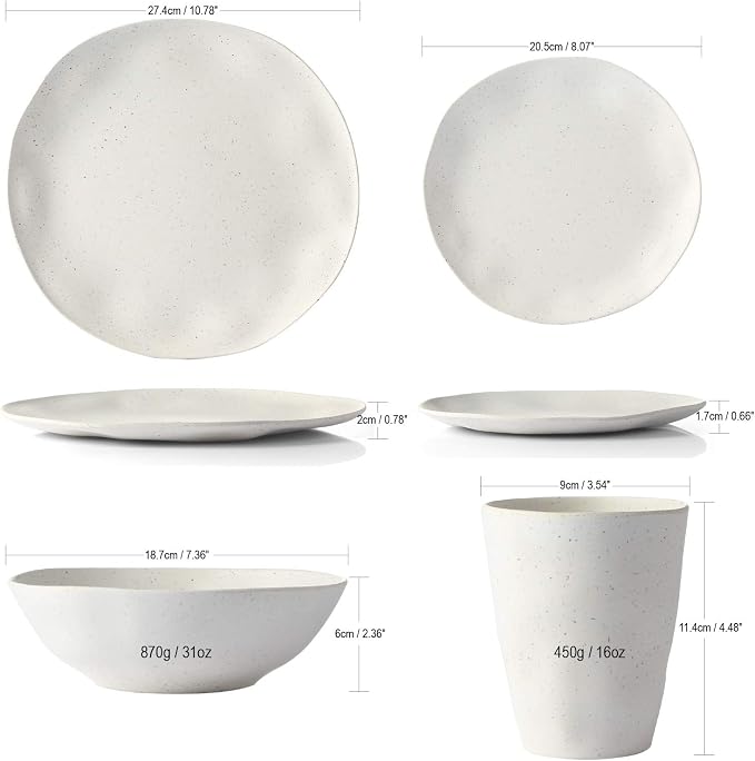 Morgiana Bamboo Dinnerware Set, 8-Pieces Reusable Tableware Set Eco-Friendly Bamboo Fiber Plates, Cups, Bowls for 2 Person (White)